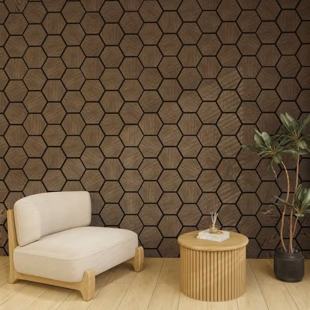 2 Pack Smoked Walnut Hexagonal Acoustic Wall Panels in Brown MDF