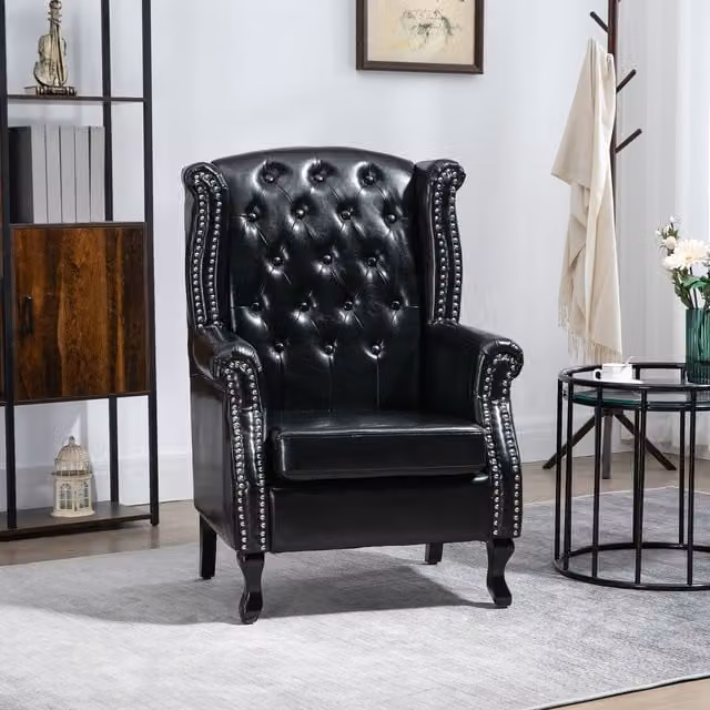 HOMCOM Black Chesterfield Wingback Armchair with Synthetic Leather and Solid Wood Frame