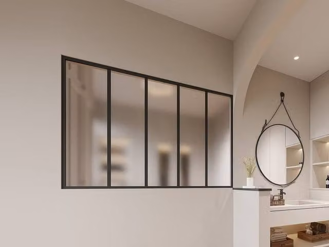 Vente-unique Powder-Coated Aluminium and Frosted Glass Partition in Black, W: 150 cm, H: 105 cm