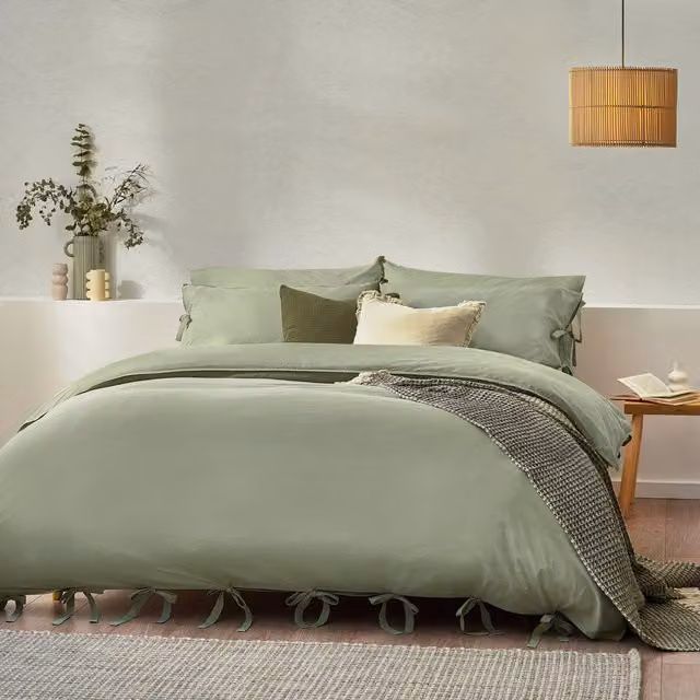 Make it a Home Mallow Bowtie Cotton Percale Duvet Cover Set in Green and Yellow, W: 140 cm, L: 200 cm