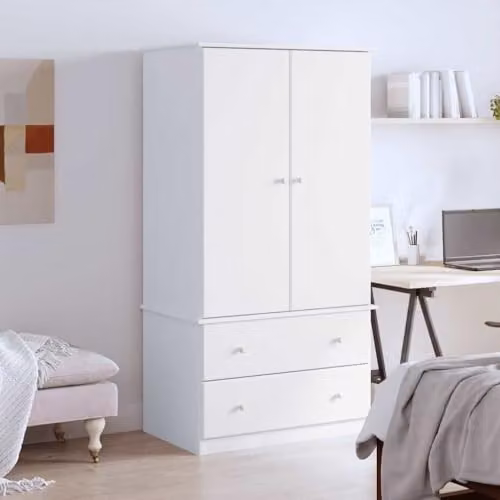 vidaXL ALTA Wardrobe in White Lacquered Solid Pine with Hinged Doors and Internal Drawers, W/D/H: 90 x 55 x 170 cm – 2