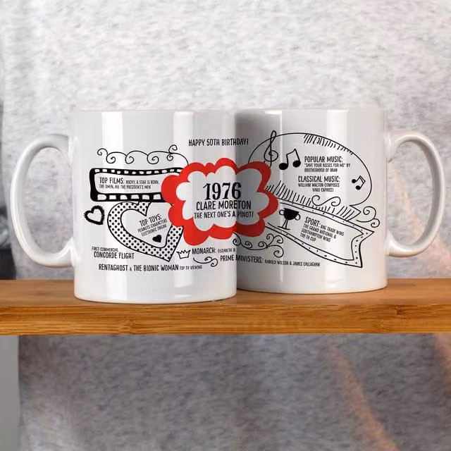 Afewhometruths Personalised 50th Birthday Mug, 1976 Nostalgia Gift in Red and White – 1
