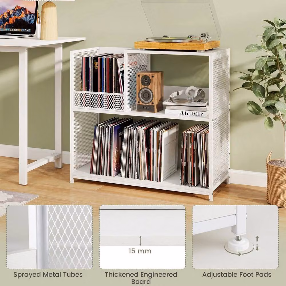 SPETLEK 3-Tier Modern White Vinyl Storage Cabinet and Record Player Stand – 4