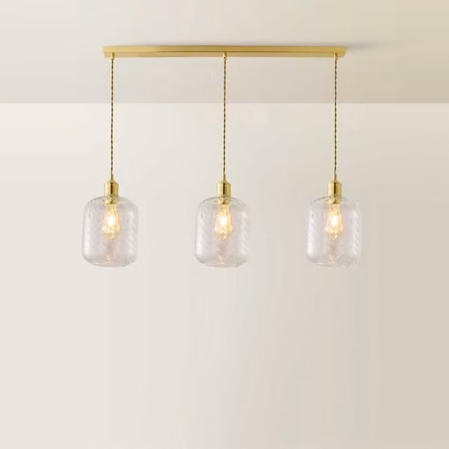 ValueLights Emery Swirl 3 Drop Diner Ceiling Pendant Light in Brushed Gold and Transparent Glass, Height: 94 cm