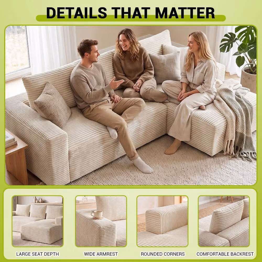 Gartistgo L-Shaped Corduroy Modular Sofa with Reversible Chaise in Beige – 3