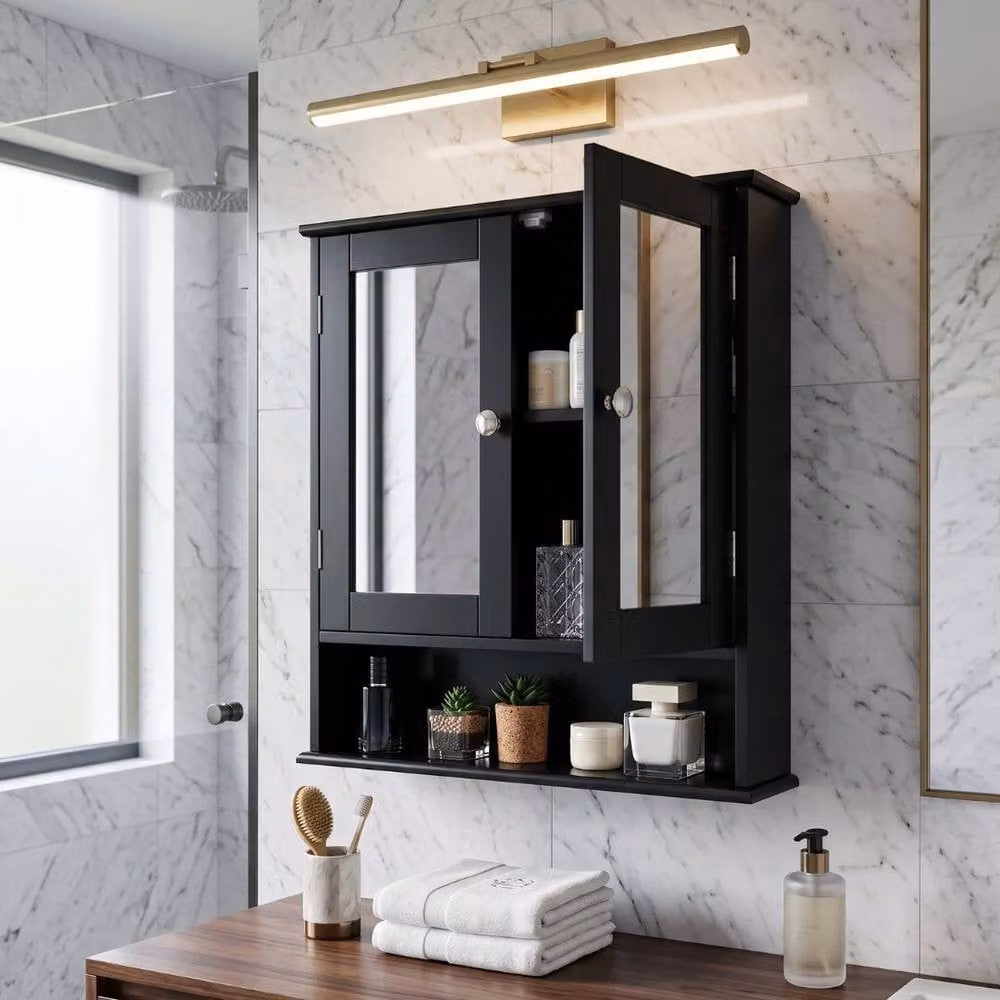 Home Luxe Interior Maine Black 2 Door Bathroom Wall Cabinet with Mirrored Glass Doors and Storage – 5