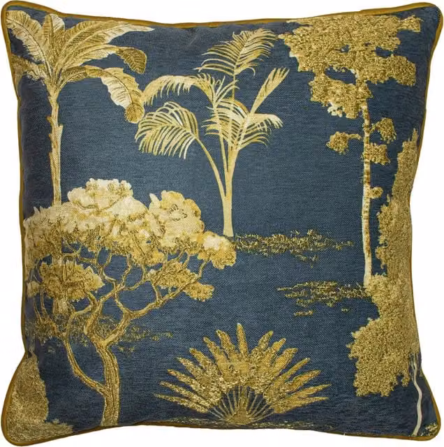 Make It A Home Arboretum World Trees Velvet Square Cushion in Blue and Gold