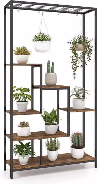 VOGREX 6-Tier Indoor Plant Stand with 10 S Hooks and Wire Shelves in Brown, Height: 180 cm – 1