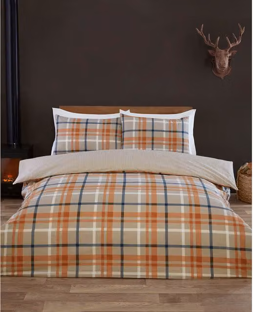 Divante Reversible Orange Checked Flannelette Cotton Duvet Cover Set