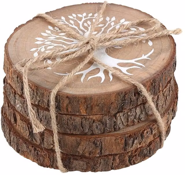 KDMK Set of 4 Round Tree of Life Wood Slice Coasters, Brown
