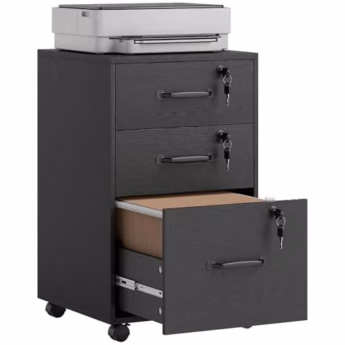 HOMCOM Mobile 3 Drawer Filing Cabinet with Lock and Castors, Black, H 69.5 x W 40 x D 40 cm