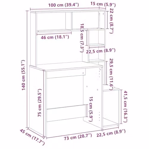 vidaXL Writing Desk with Shelves in Brown Oak, W: 100 cm, D: 45 cm, H: 140 cm – 3