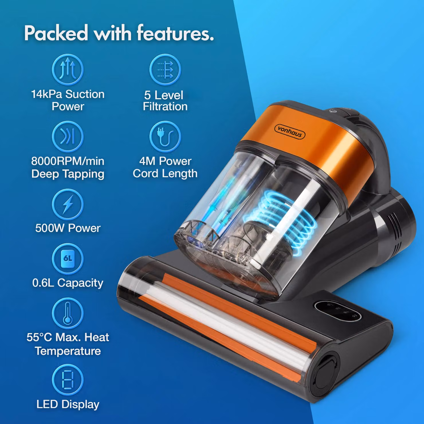VonHaus 500W UV Mattress Vacuum Cleaner with Tapping Vibration and Heating, Grey – 3