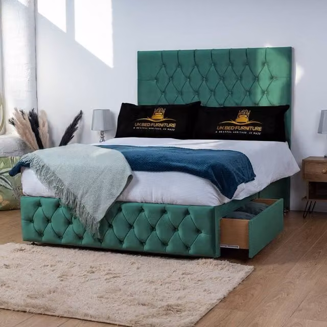 UK Bed Furniture Monaco Super King Divan Bed with 4 Drawers and 26 Inch Headboard in Green Velvet