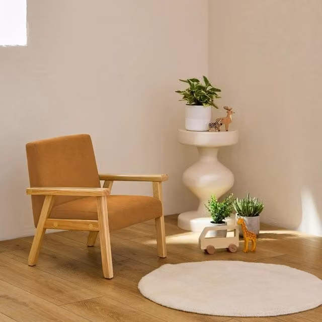 sweeek Children's Scandinavian Style Corduroy Armchair with Rubberwood Legs in Yellow