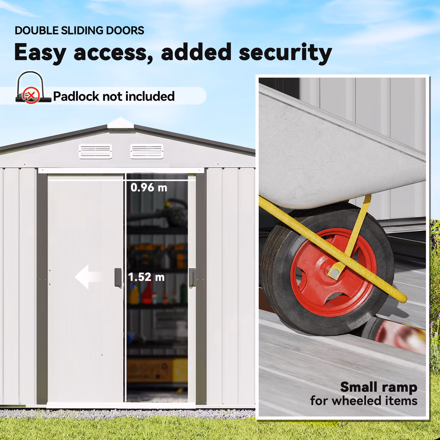 Outsunny Grey Metal Pent Garden Storage Shed with Double Doors and Floor Foundation, W: 274.3 cm, D: 182.9 cm, H: 183.0 cm – 4