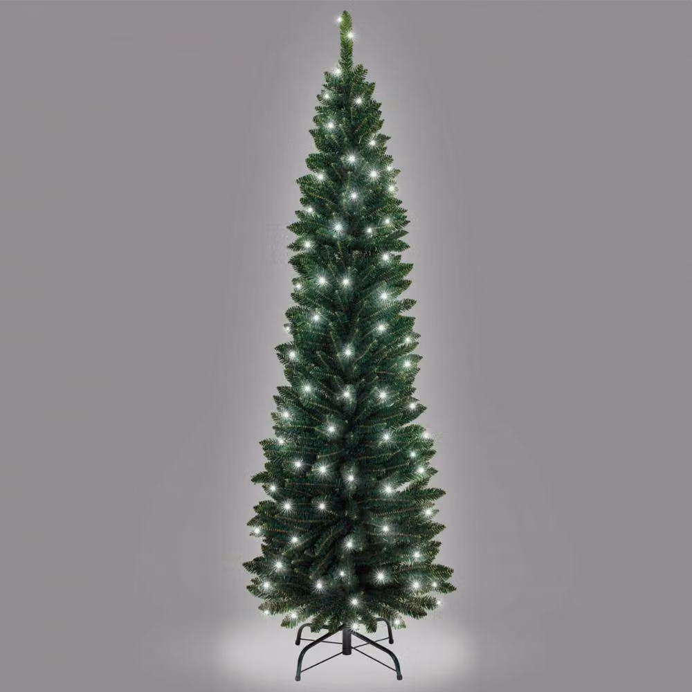 Shatchi Pre-Lit Artificial Slim Green Pencil Christmas Tree with Cool White LEDs and Metal Stand, 6ft – 2