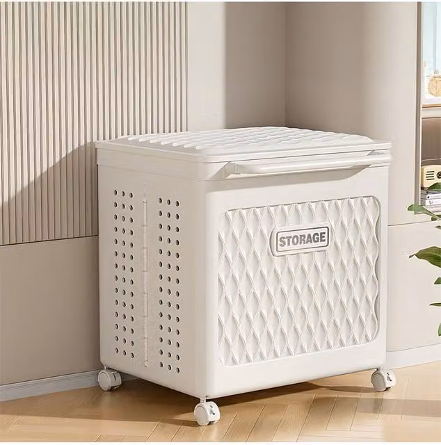 Living and Home 2-Grid Rolling Foldable Laundry Basket Hamper with Lid and Wheels, White