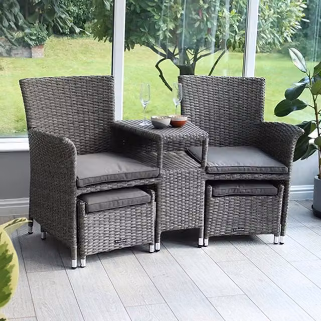Royalcraft Paris Fixed Companion Set with Matching Ottoman and Weather Resistant Grey Cushions – 5