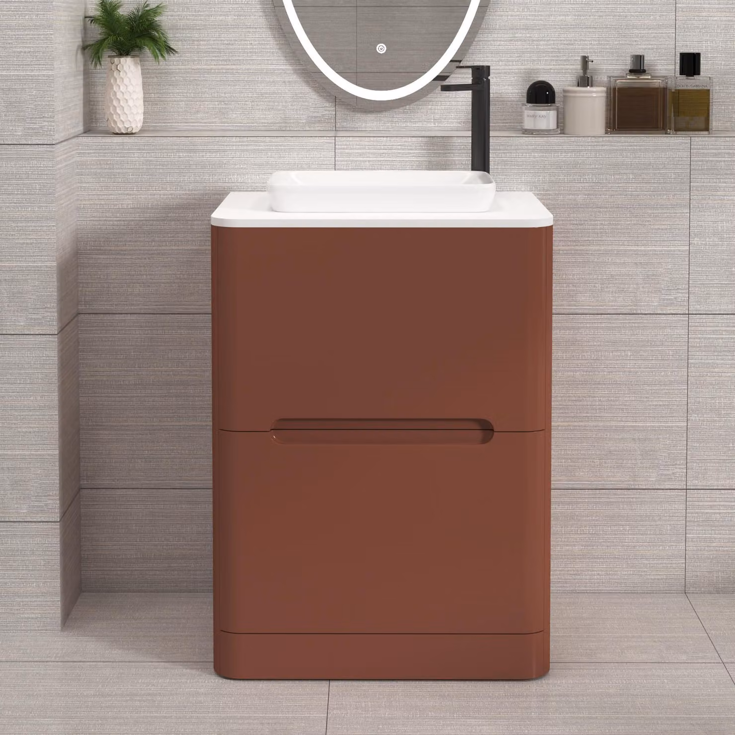 Royal Bathrooms Venice 600mm Terracotta Clay Floor Standing Vanity Unit with 2 Drawers, Plain White Worktop and Qubix Basin