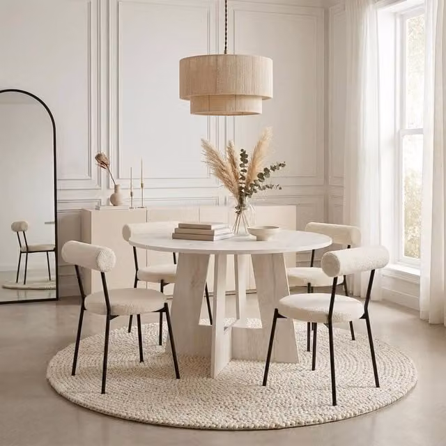 OHS Modern Round Dining Table in Beige Sand Travertine Effect Stone Finish