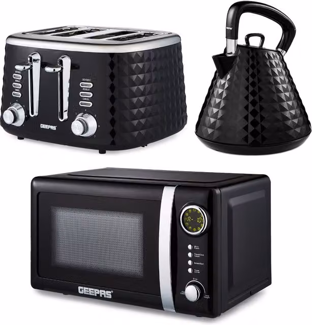 Geepas Argyle Kettle, Toaster and 20L Digital Microwave Set in Black – 1