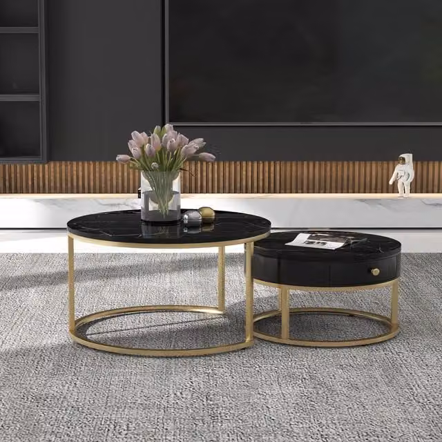 Aosom.UK Round Nesting Coffee Tables with Storage Drawer, Black Marble Top and Gold Metal Frame – 1