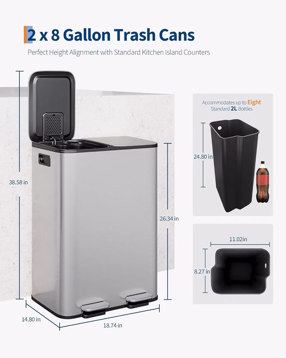 London Boutique 60L Dual Compartment Kitchen Step Pedal Bin with Soft-Close Lid in Silver – 2