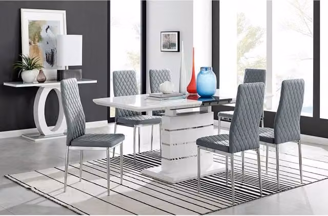 FurnitureboxUK Renato High Gloss Extending Kitchen Dining Table and 8 Milan Synthetic Leather Chairs in Grey