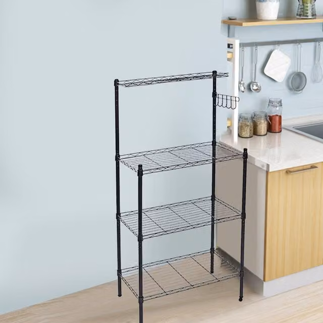 Livingandhome 4 Tier Metal Microwave Storage Rack Organiser with Hooks in Black