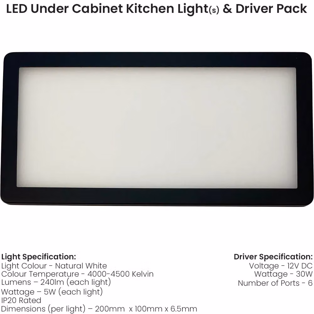 Loops 5x Matt Black Ultra-Slim Rectangle Under Cabinet Kitchen LED Light and Driver Kit with Natural White Diffused Light – 4