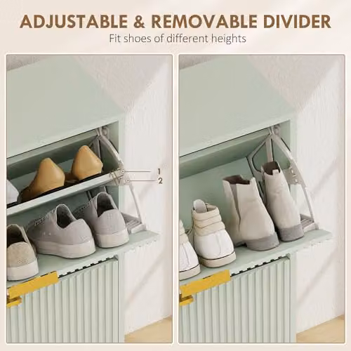 HOMCOM Modern Slim Shoe Storage Cabinet in Green with 2 Tilting Compartments and Gold Accents, H 91.5 x W 60 x D 24 cm – 3