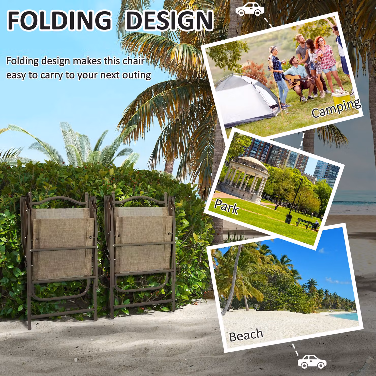 Outsunny Set of Two Modern Folding Garden Chairs with Textilene Fabric Mesh Seats and Armrests in Brown – 3