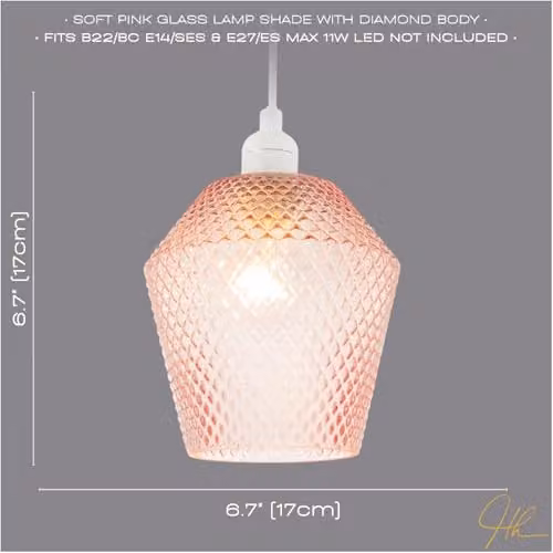 Happy Homewares Modern Pink Glass Diamond Design Pendant Lamp Shade, W/D/H: 17 x 17 x 17 cm – 2