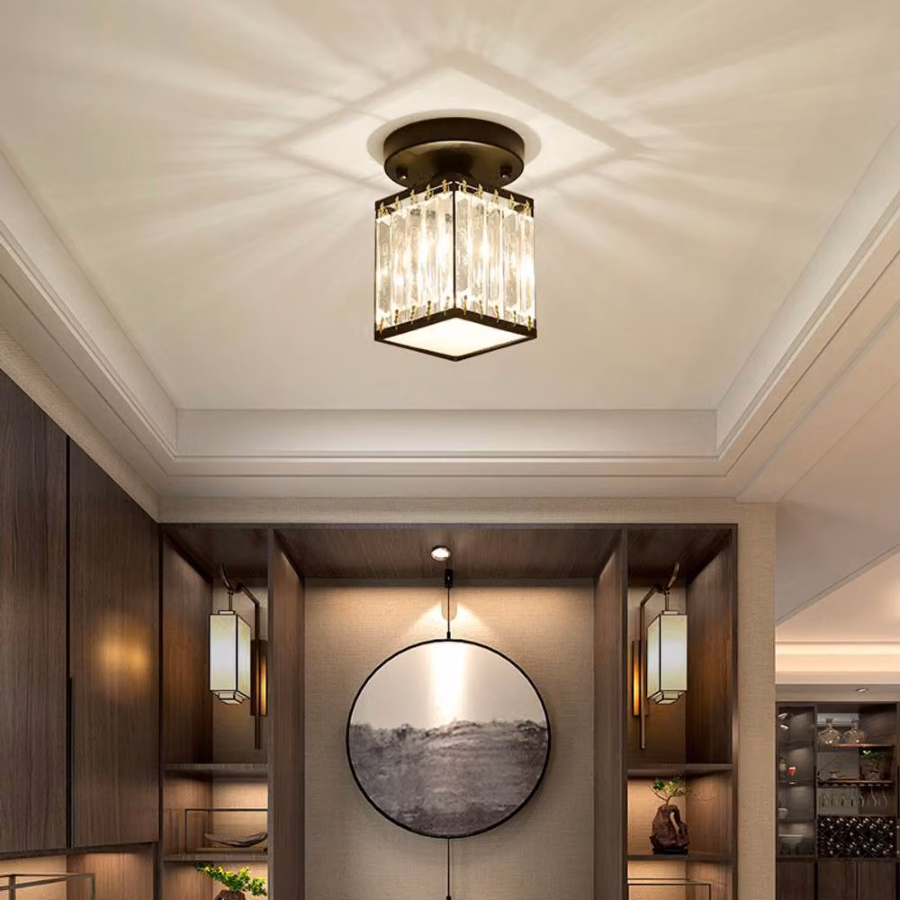 INMTFEI Square Modern Black Metal and Transparent Crystal Semi-Flush Mount Ceiling Light – 3