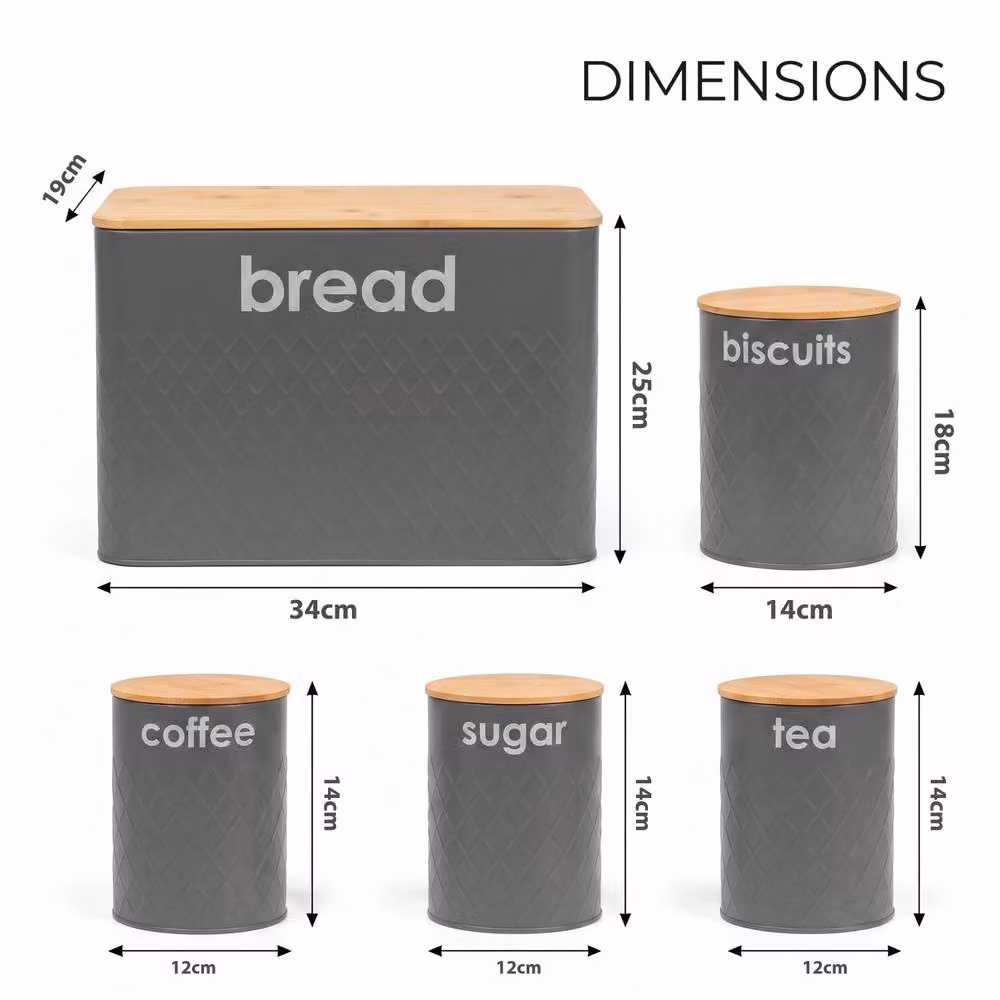 Crystals Grey 5 Piece Airtight Kitchen Storage Set with Bread Bin and Matching Geometric Canisters – 9