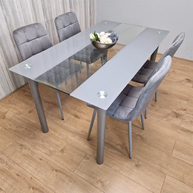 KOSY KOALA Modern Dining Set with Grey Glass Rectangular Table and 4 Grey Velvet Chairs in Brown
