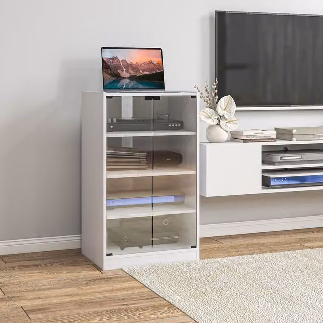 HOMCOM 4-Tier Modern Hi-Fi Stand with Glass Doors and Adjustable Internal Shelves in White and Black