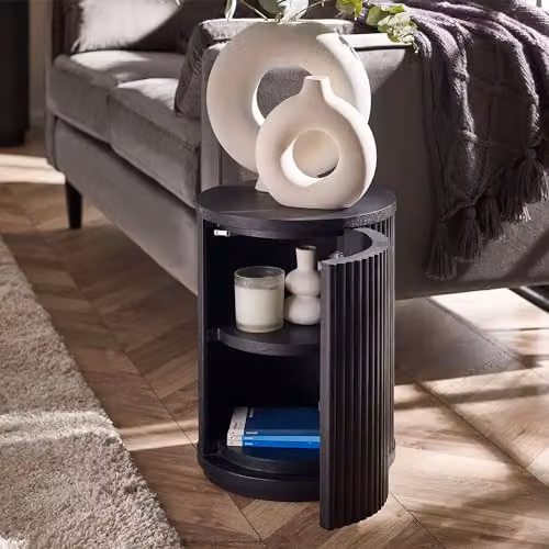 Julian Bowen Louis Black Ash Fluted Round Side Table with Door, W/D/H: 33 x 33 x 45.5 cm