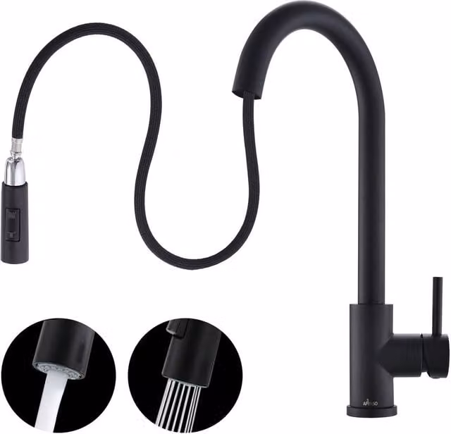 Appaso Matt Black Stainless Steel Kitchen Sink Mixer Tap with High Pressure Single Lever and Pull Out Sprayer