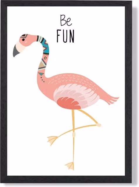 ARTZE Be Fun Flamingo Tribal Animal Quote Framed Print, Pink and Black, A3 – 1