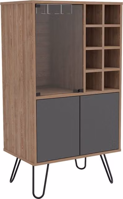 Vegas Wine Cabinet in Bleached Oak and Grey with Glass Doors and Bottle Rack