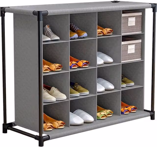 KORVIXA 4-Tier 16-Cube Shoe Storage Stand and Footwear Organiser Rack in Grey, W: 100 cm x H: 100 cm – 1