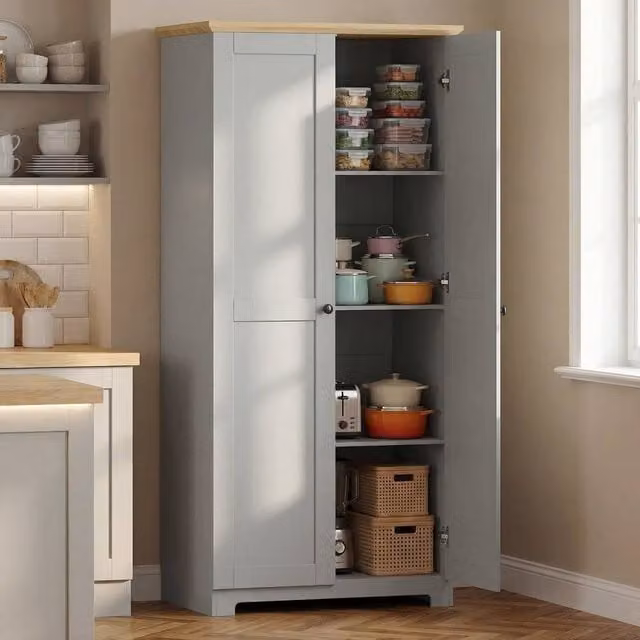 KORVIXA Grey Wooden Tall Storage Cabinet with Hinged Doors, W: 60 cm, H: 75 cm