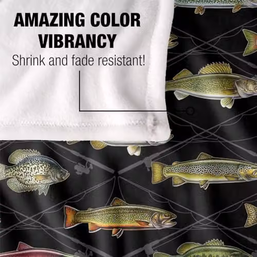 JQ Licensing Fish and Crossed Fishing Rods Pattern Super Soft Fleece Throw Blanket, White, W/D/H: 152 x 127 cm – 3