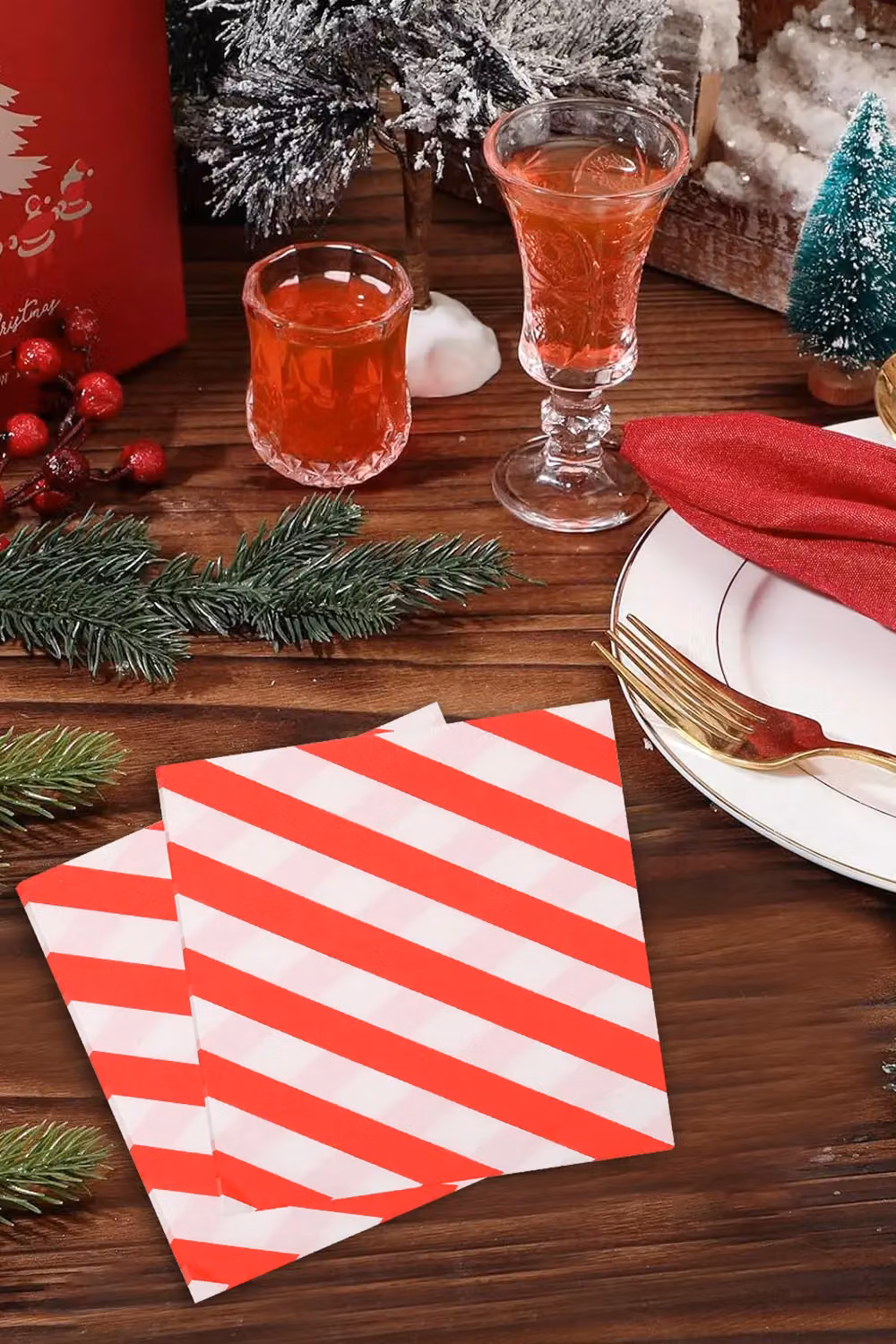 Neel Blue Christmas Party Paper Napkins in White and Red Stripes, 33 x 33 cm – 7