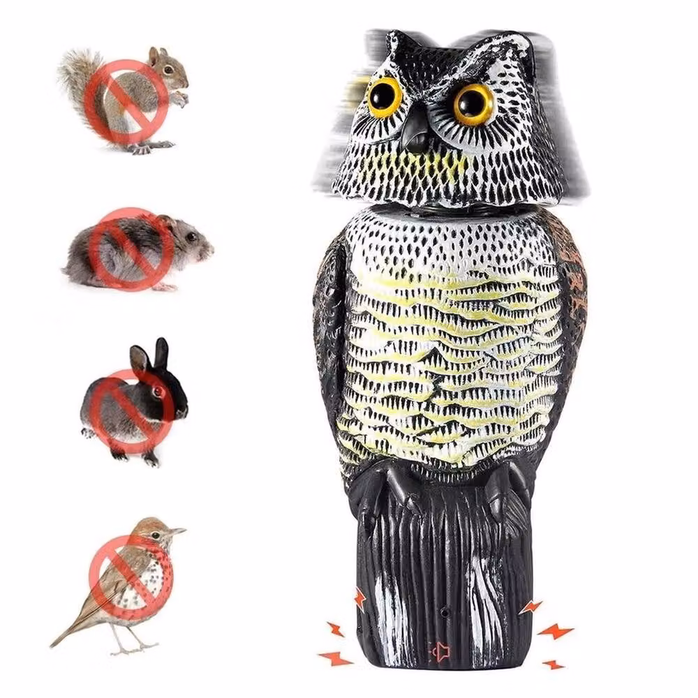 SPETLEK Large Decoy Owl Bird Deterrent with 360 Degree Rotation, Grey, H 100 cm x W 15 cm – 4