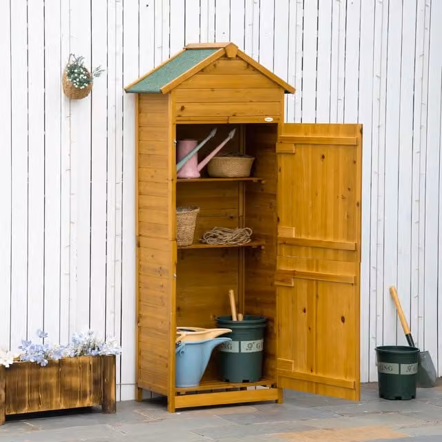 Outsunny Rustic Wood Tall Garden Storage Cabinet with Gable Roof and Internal Shelves, Brown and Beige, H 191.5 x W 79.0 x D 79.0 cm – 1