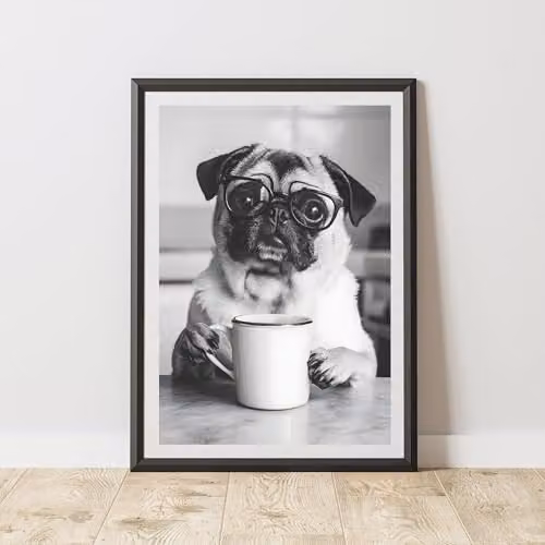 60 Second Makeover Funny Pug Drinking Coffee Paper Poster, A4, Multicolour