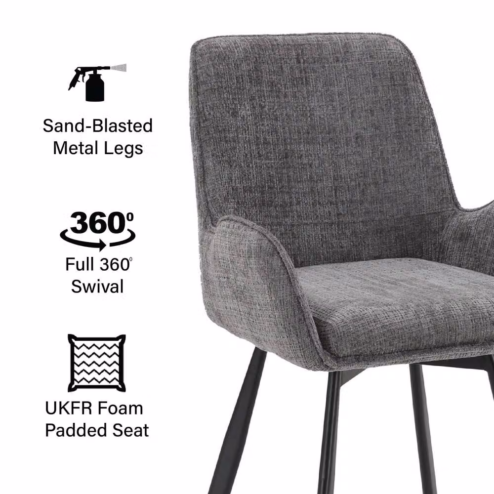 FWStyle Set of 2 Amelia Grey Chenille Upholstered 360 Degree Swivel Dining Chairs with Armrests – 3